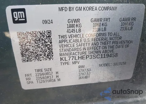 2025 Chevrolet Trax Fwd Lt z USA, uszkodzony, nr VIN KL77LHEP3SC119458